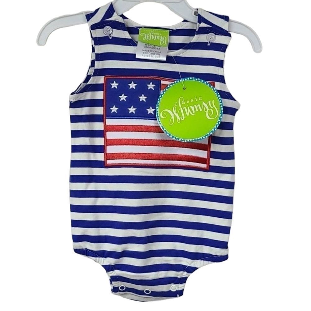 NWT Baby American Flag Appliqué Blue Striped Sleeveless Bubble Romper Outfit 6M